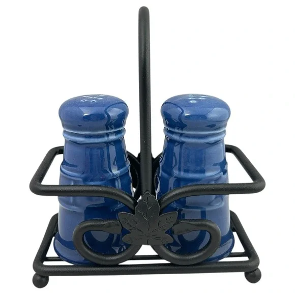 Longaberger Cornflower Blue Salt & Pepper Shaker Set w/ Black Wrought Iron Caddy - Picture 1 of 14